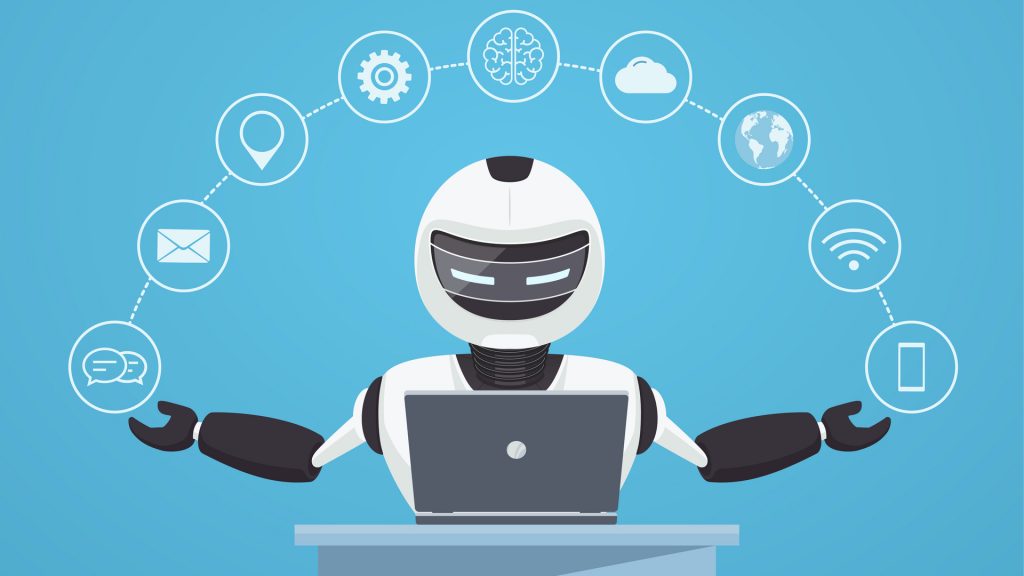 digital image of a robot in front of a laptop with an arc of icons over it